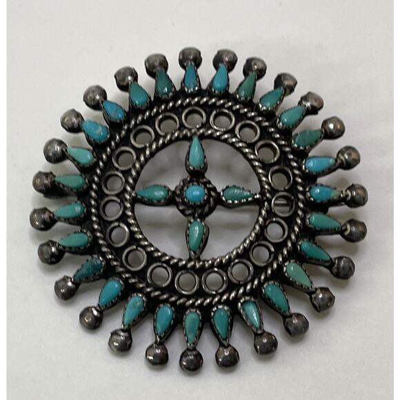 Vintage Zuni Petit Point Silver & Turquoise Brooch Pin Native American Old Pawn - Picture 3 of 11